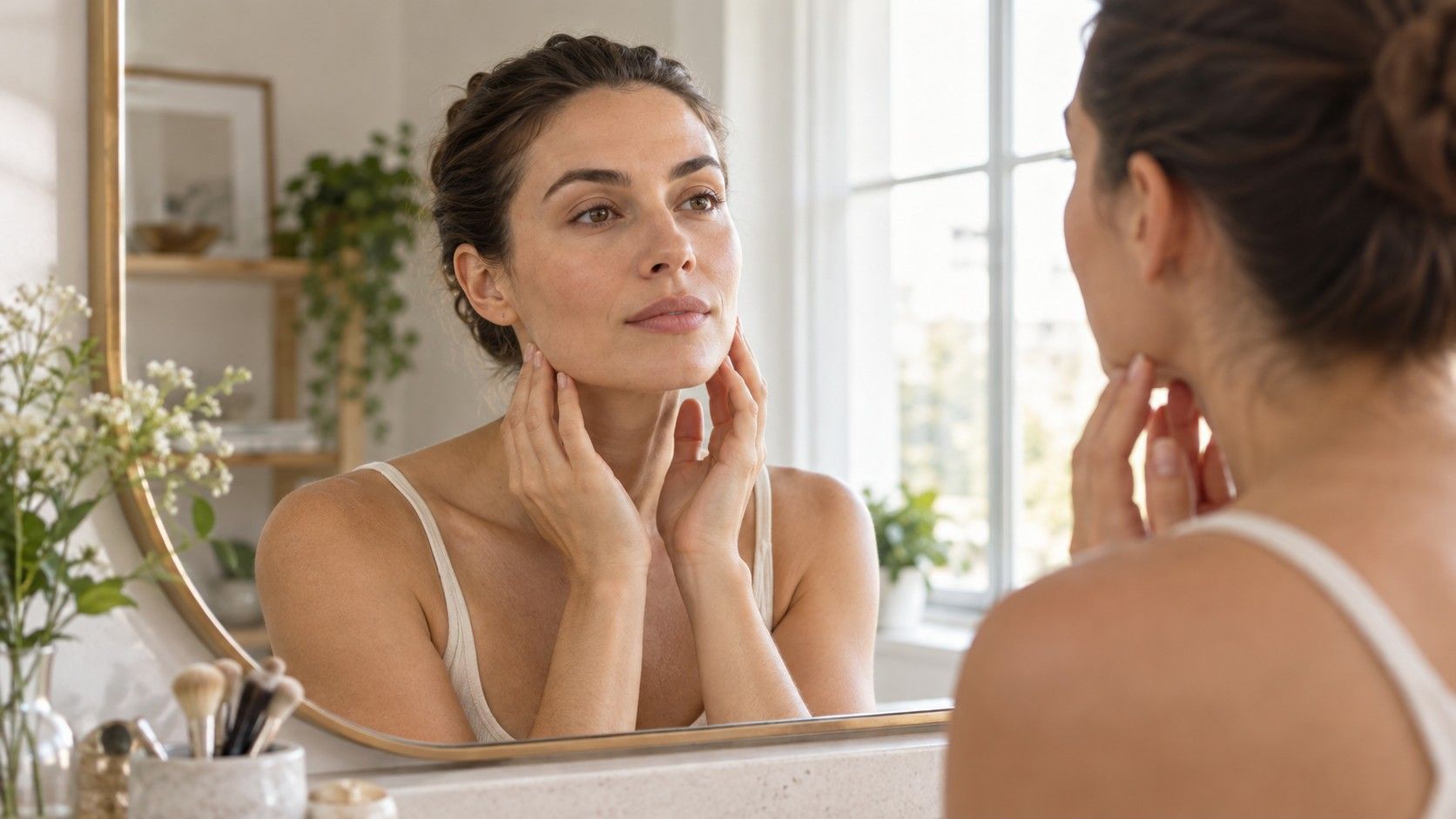 Person comparing facial proportions in a mirror