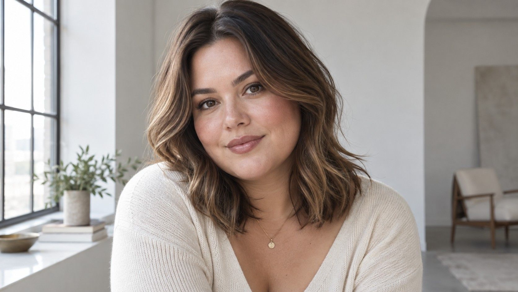 Person with a round face shape and soft jawline